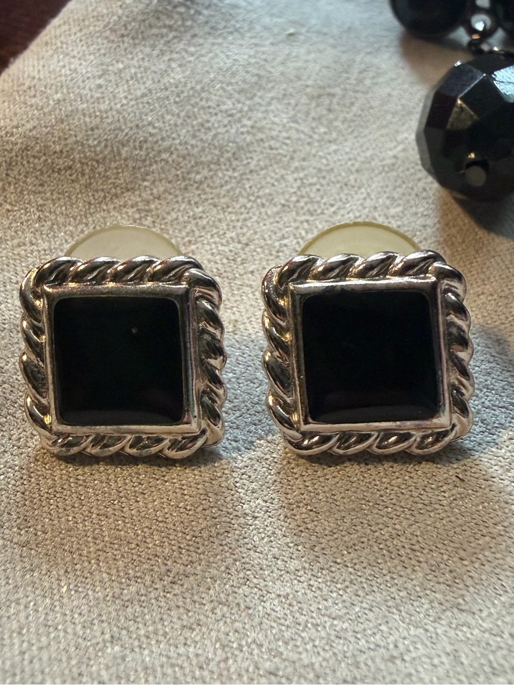 Square Black Stone Silver-Tone Rope Border Stud Earrings